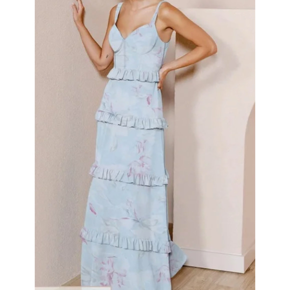 Revelry Dresses & Skirts - NWT Revelry Sloane Blue Floral Chiffon Ruffled Maxi Dress Size 12